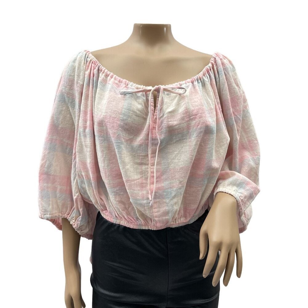 FORE Pink White Plaid Off-Shoulder‎ Tunic Blouse Cropped Womens S